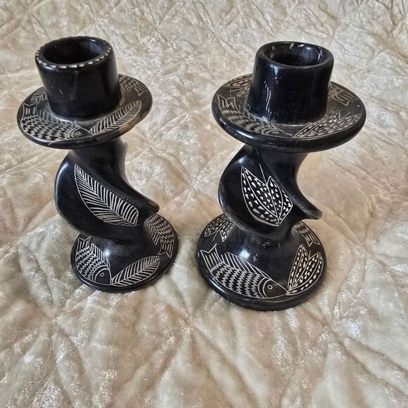 Soapstone Twisted Grey Fish Candlestick African Hand Made‎ Candle Holder - Picture 6 of 6